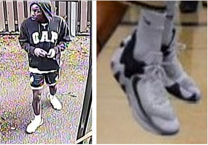 Photo of Joseph Maku, an 18-year black male, 6′5″, 200 pounds with black hair and brown eyes. He was wearing a black hoodie with GAP written in white on the front, black North Delta Huskies basketball shorts, and black & white basketball shoes. 