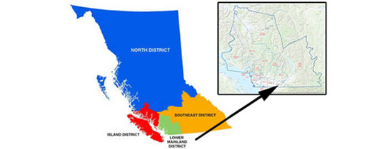 Carte du district du Lower Mainland illustrant les limites du détachement en jaune