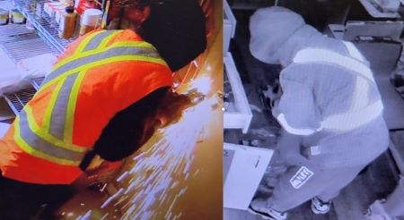 Images captured at one of the break-in locations. Two images: the left one is in colour and shows a person in a high visibility vest using a tool generating lots of sparks. The person’s face is not visible. The second image is in black and white and shows a person in a high visibility jacket bending forward with his back to the camera. A logo is on his left leg. 